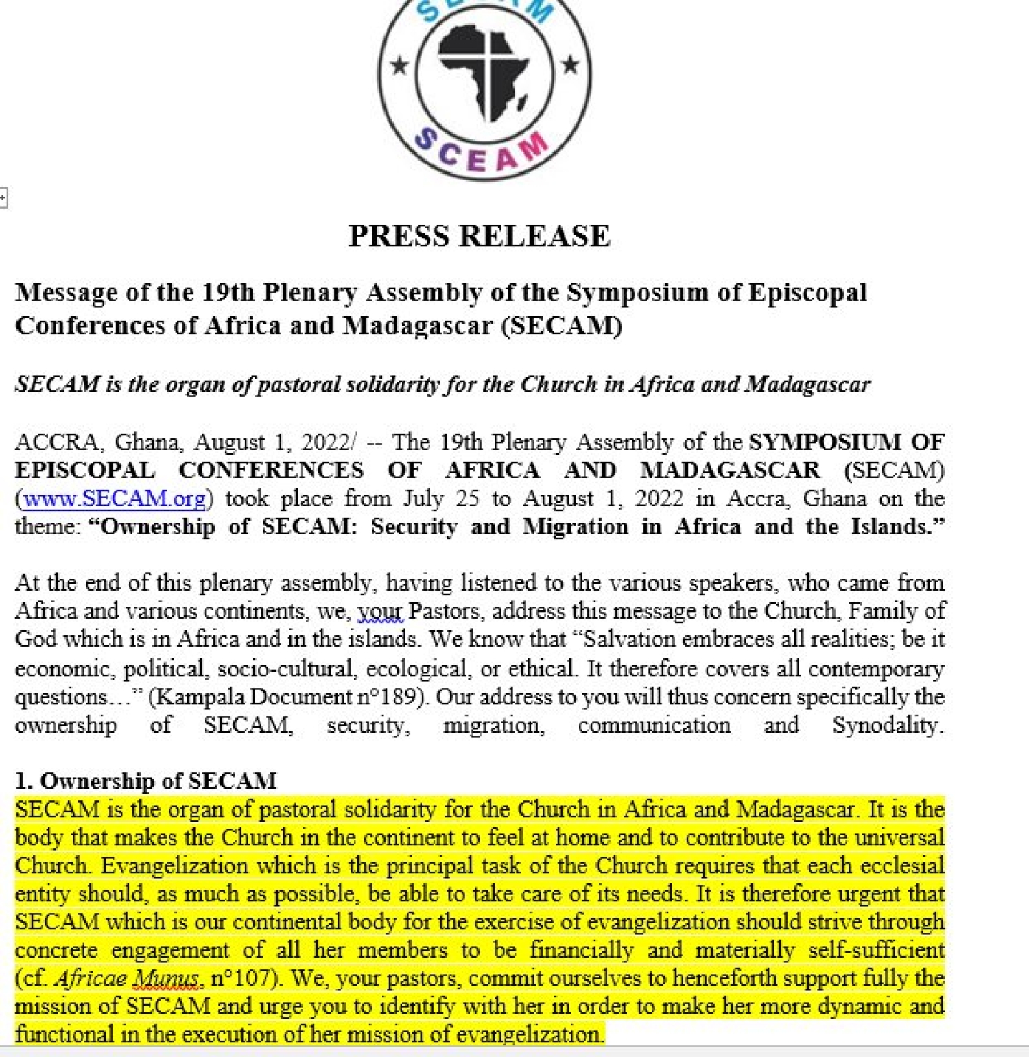 PRESS RELEASE, Message of the 19th Plenary Assembly of the SECAM