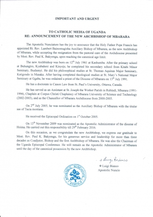 RE: ANNOUNCEMENT OF THE NEW ARCHBISHOP OF MBARARA